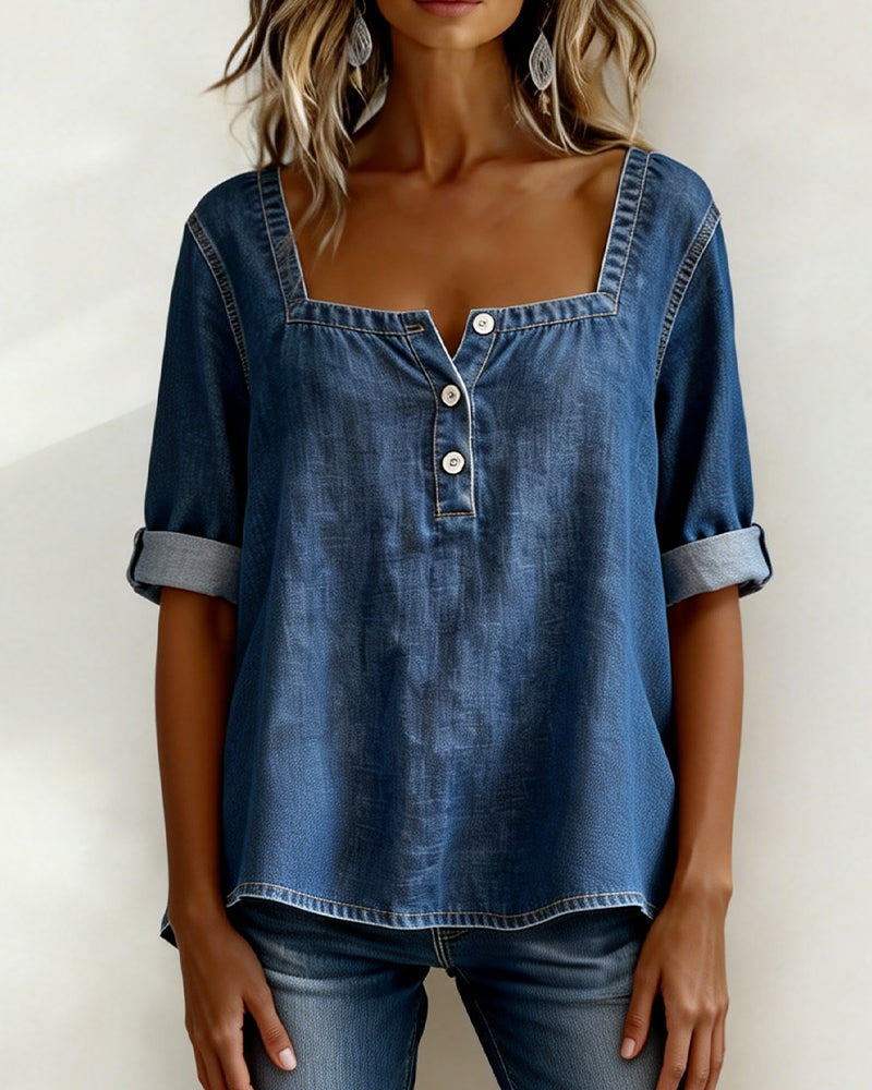 Avélia™ | Cămașă din denim cu guler pătrat elegant