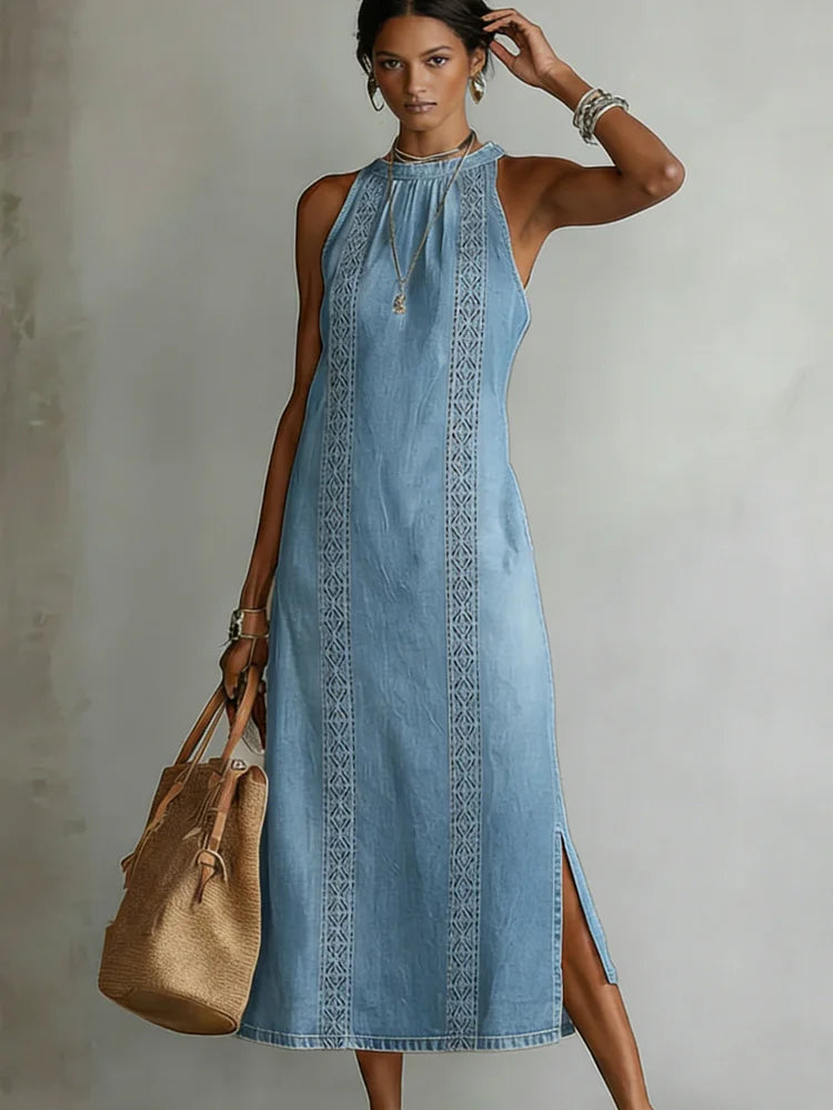 Julia™ | Rochie din denim cu detalii retro din dantelă