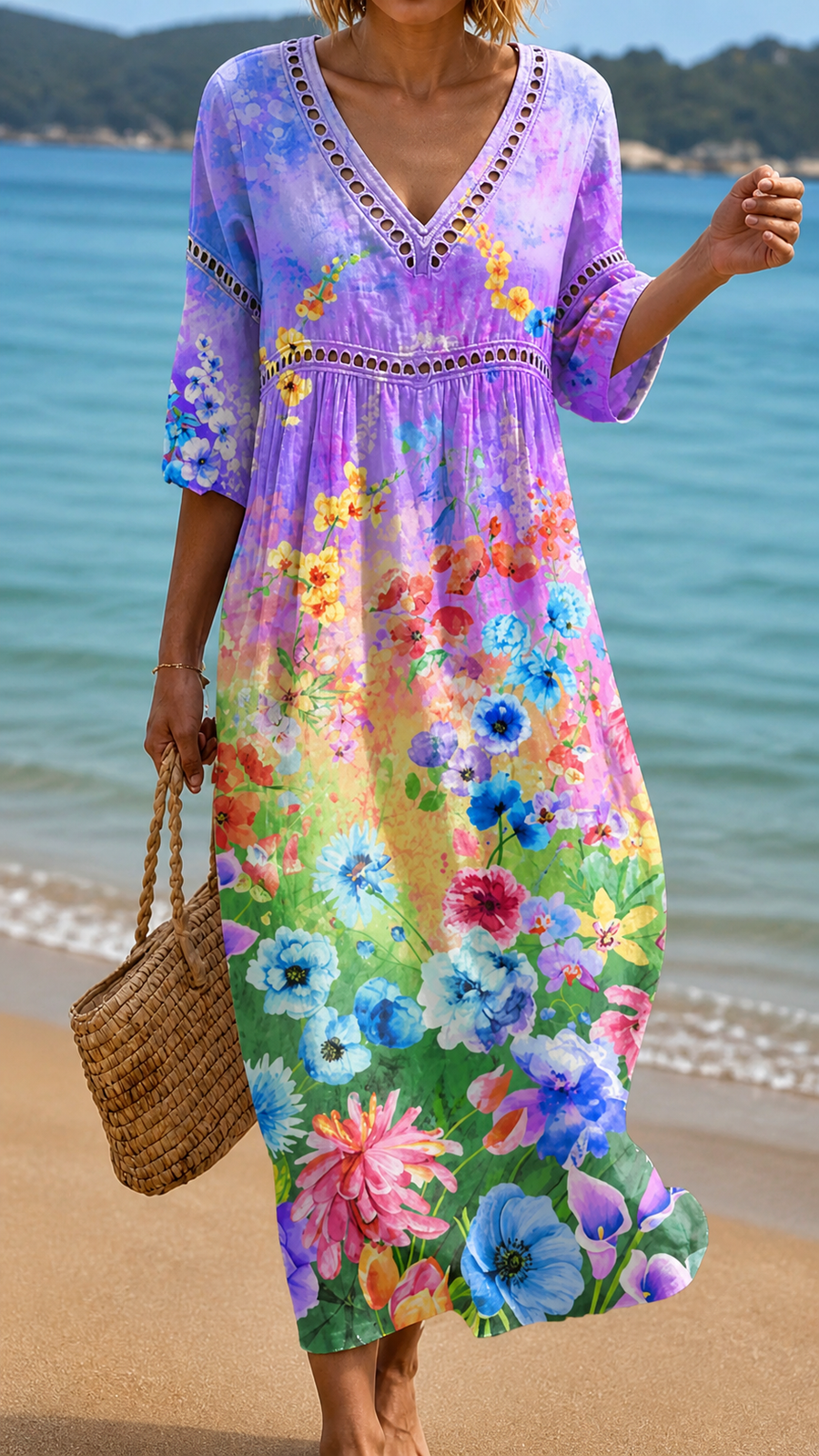 Rochie de Plajă cu Imprimeu Floral Vibrant
