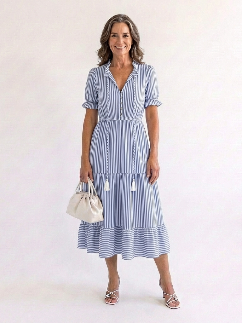 Dakota | Rochie midi cu mâneci scurte, cu dungi și straturi