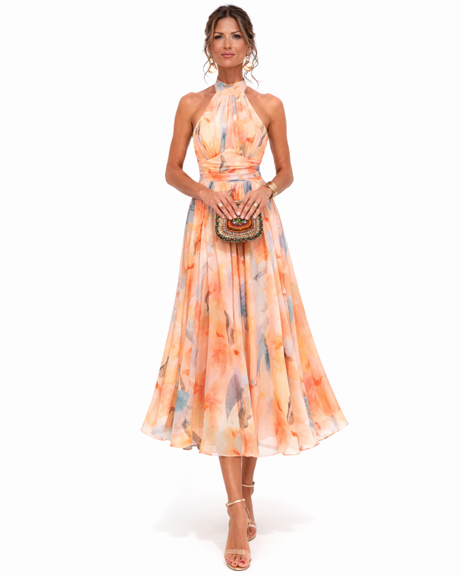 Doina | Rochie halter cu imprimeu în acuarelă