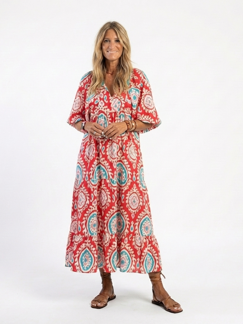 Zaria | Rochie Midi cu V-Gât și Mâneci Scurte cu Motif Paisley