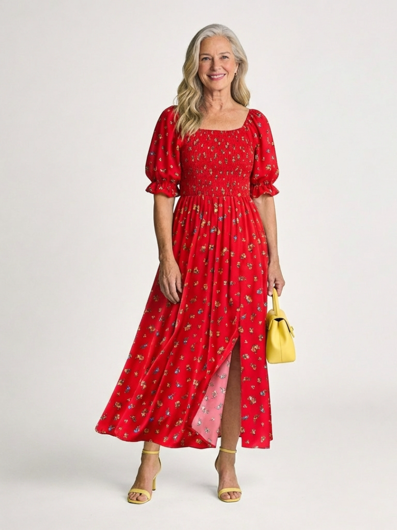 Delphine | Rochie midi cu decolteu pătrat și imprimeu floral