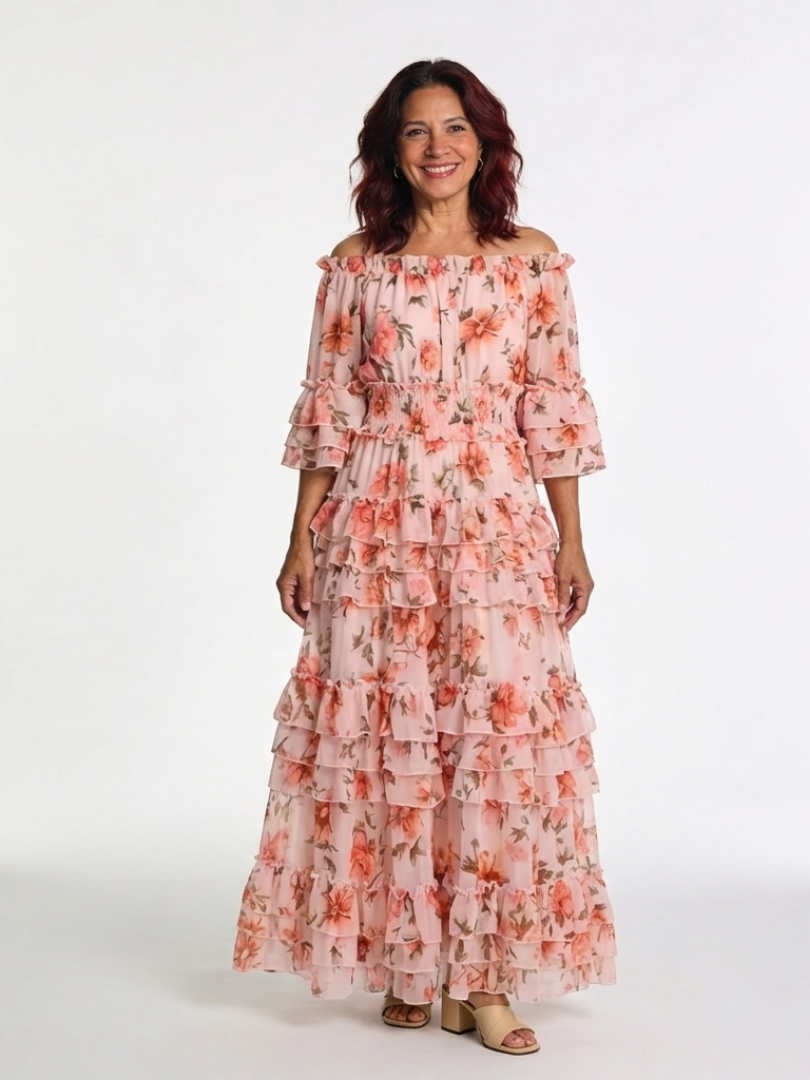 Rosalie | Rochie Maxi cu Flori și Detalii Volan la Umeri