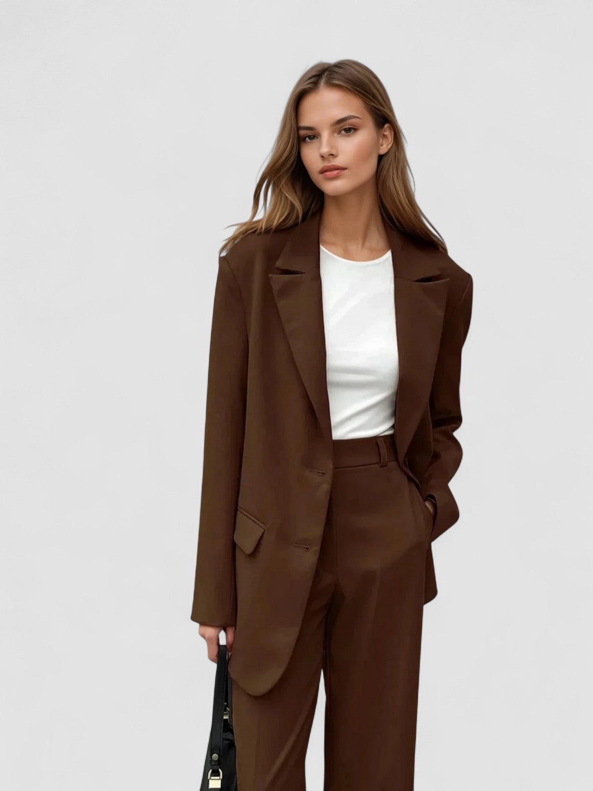 Compleu vintage mocha cu sacou și pantaloni cu picioare largi