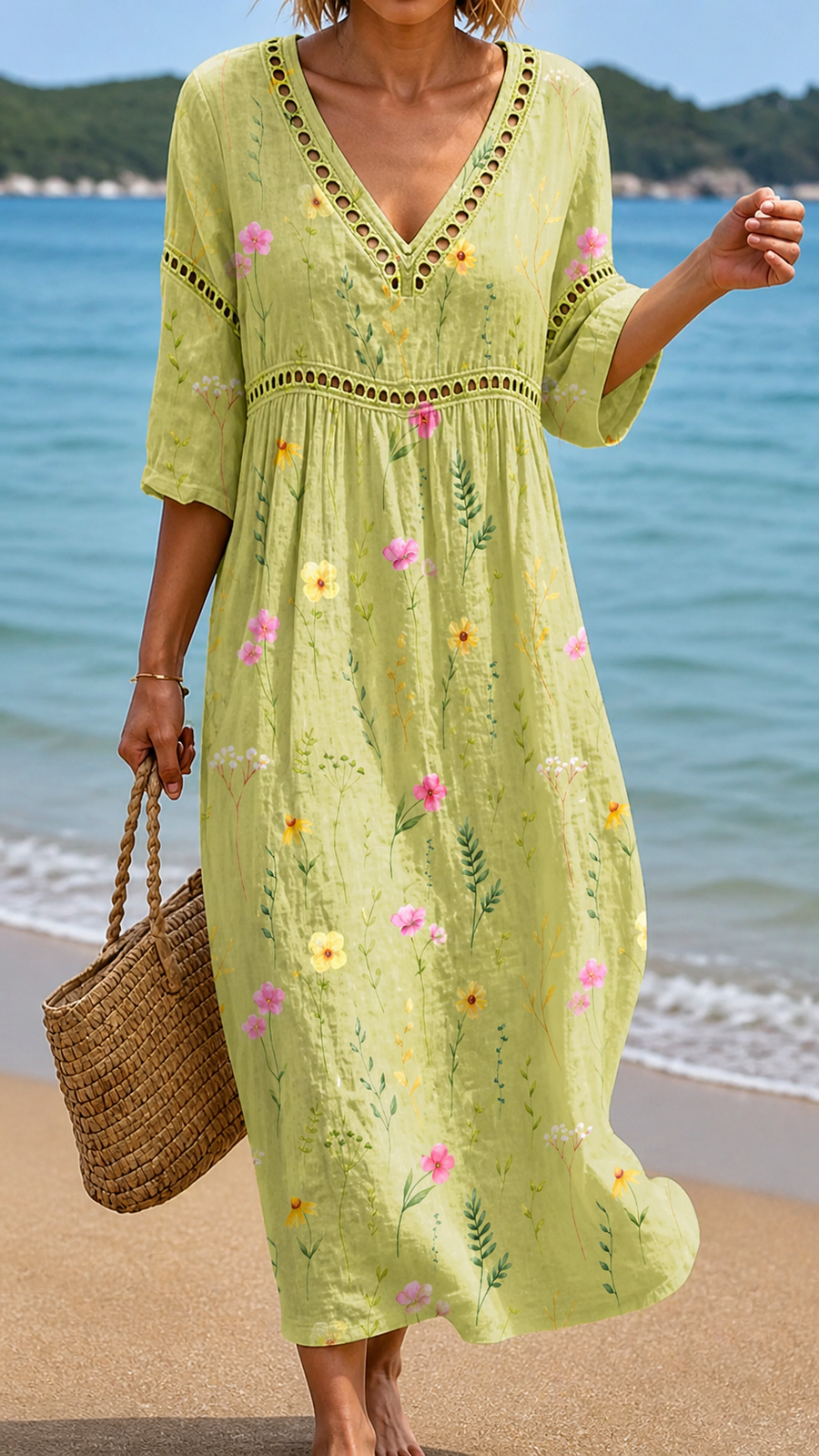 Rochie Midi Verde Deschis cu Motive Florale Subtile