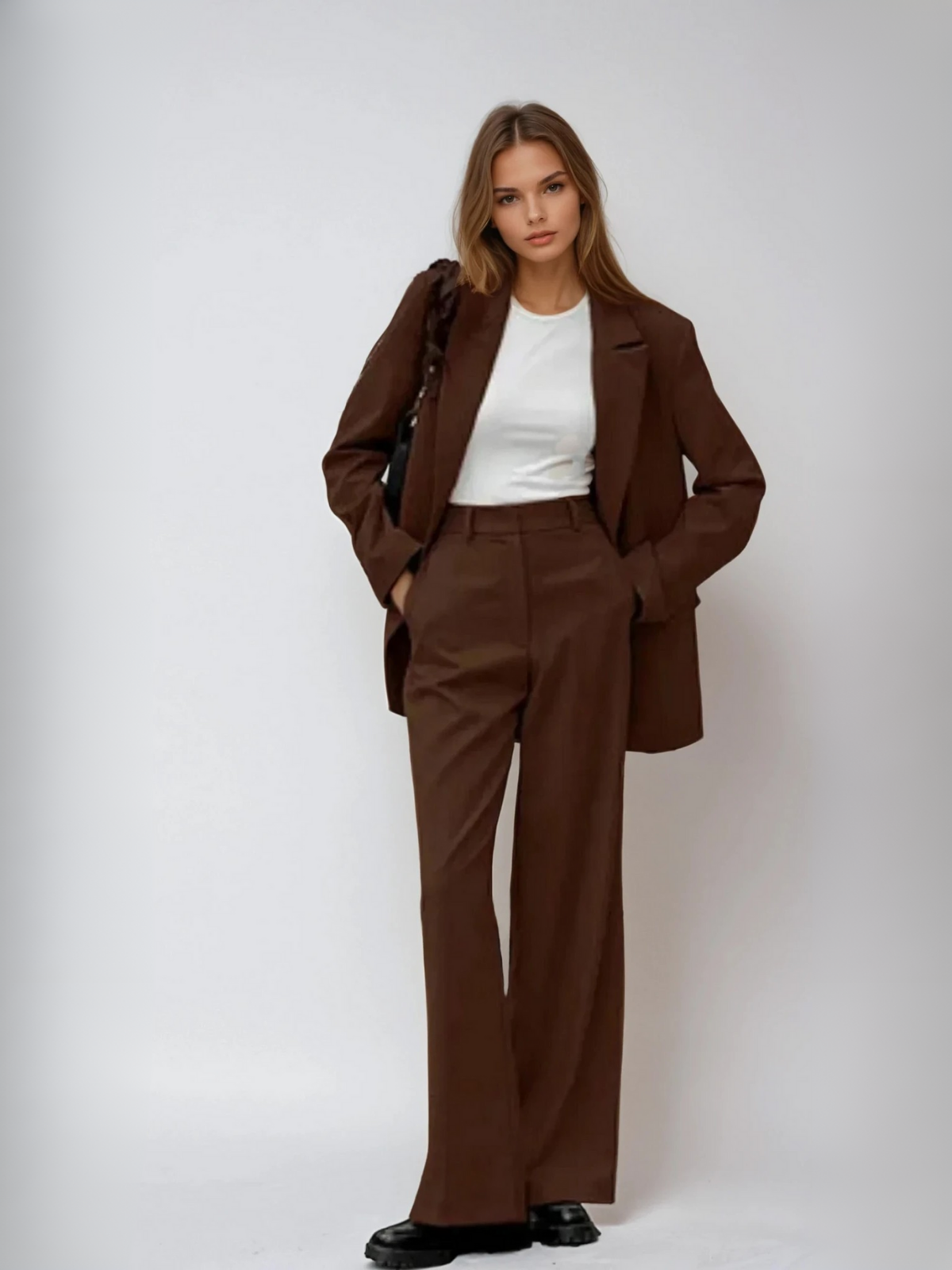 Compleu vintage mocha cu sacou și pantaloni cu picioare largi