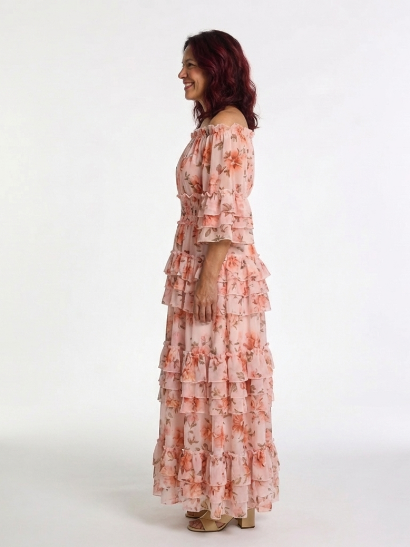 Rosalie | Rochie Maxi cu Flori și Detalii Volan la Umeri