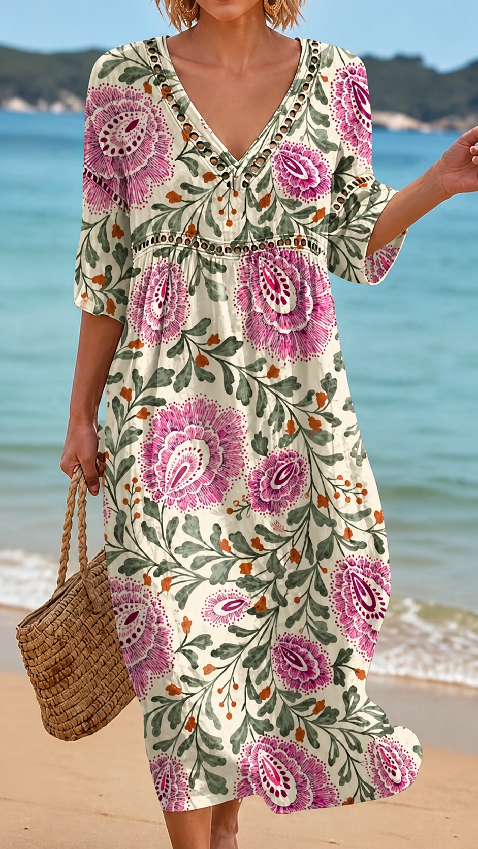 Rochie Elegantă de Plajă cu Motive Florale