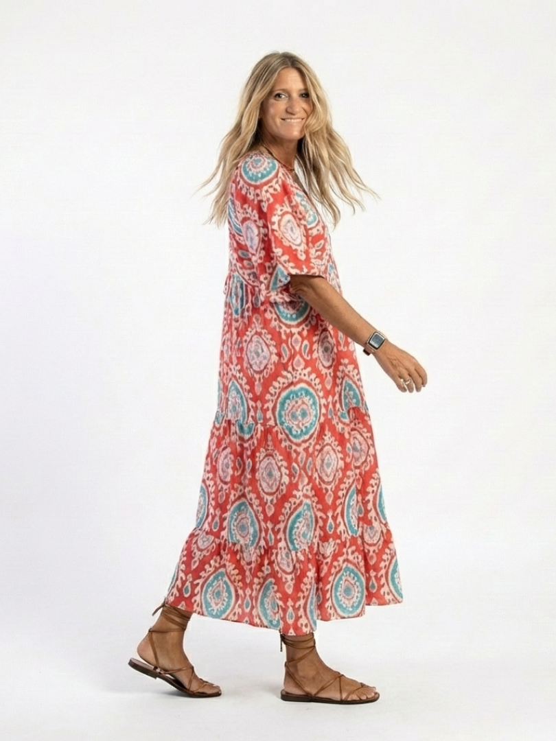 Zaria | Rochie Midi cu V-Gât și Mâneci Scurte cu Motif Paisley