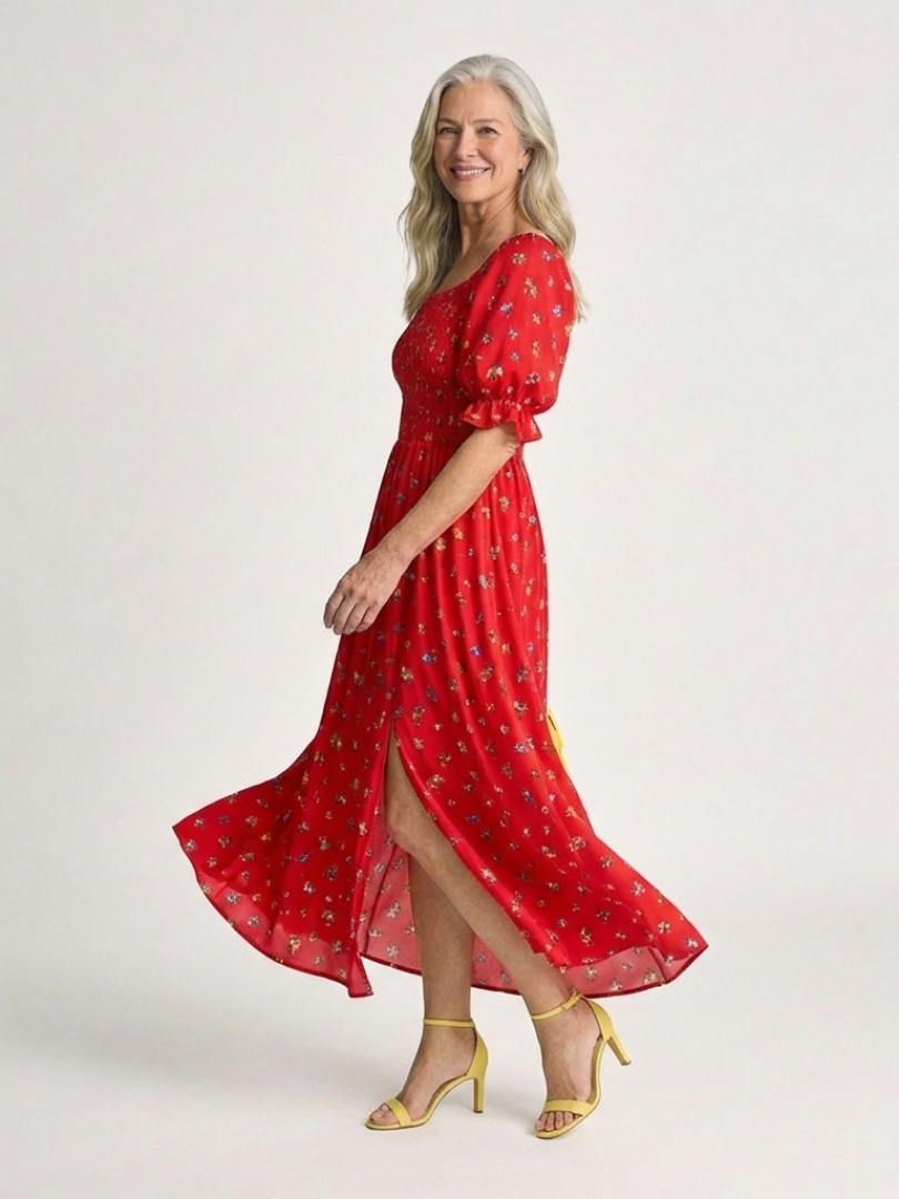 Delphine | Rochie midi cu decolteu pătrat și imprimeu floral