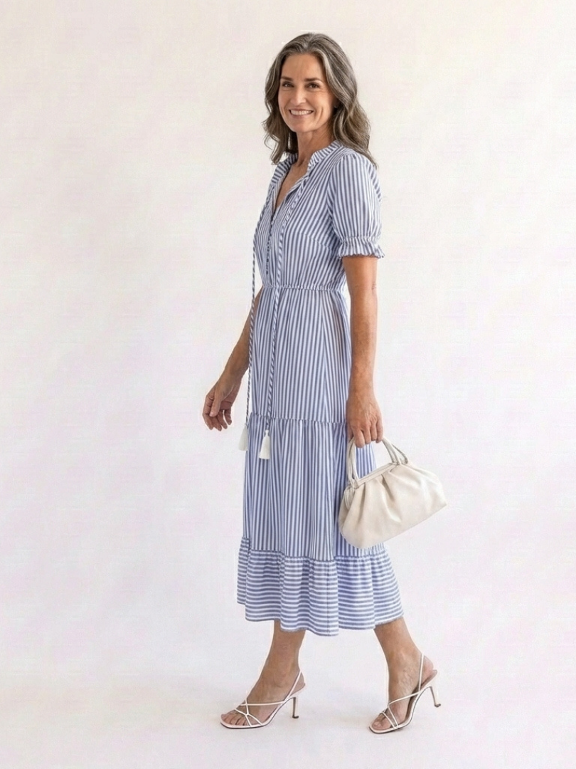 Dakota | Rochie midi cu mâneci scurte, cu dungi și straturi