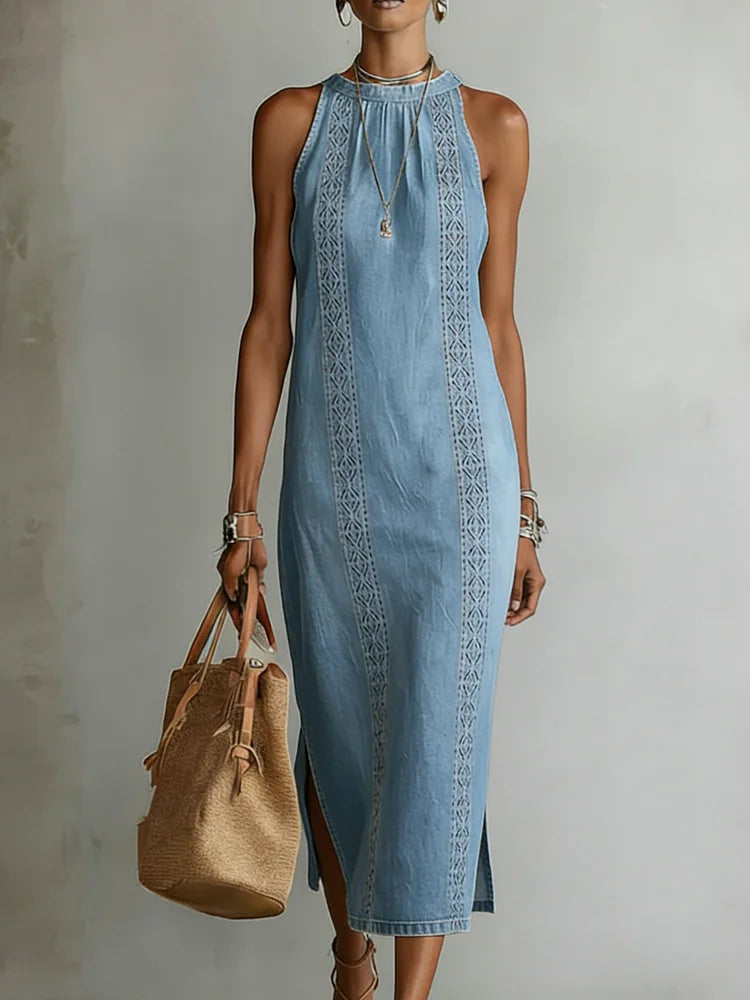 Julia™ | Rochie din denim cu detalii retro din dantelă