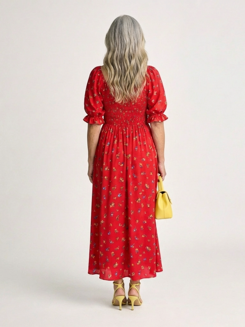 Delphine | Rochie midi cu decolteu pătrat și imprimeu floral