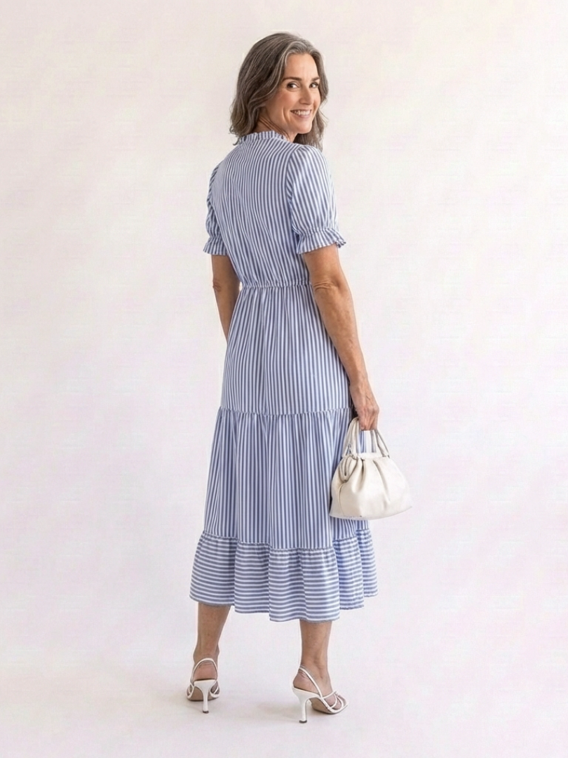 Dakota | Rochie midi cu mâneci scurte, cu dungi și straturi