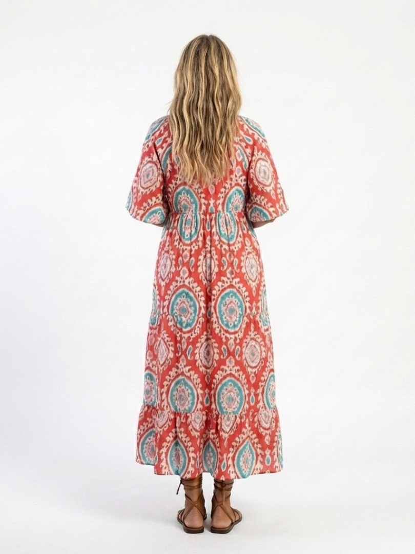 Zaria | Rochie Midi cu V-Gât și Mâneci Scurte cu Motif Paisley