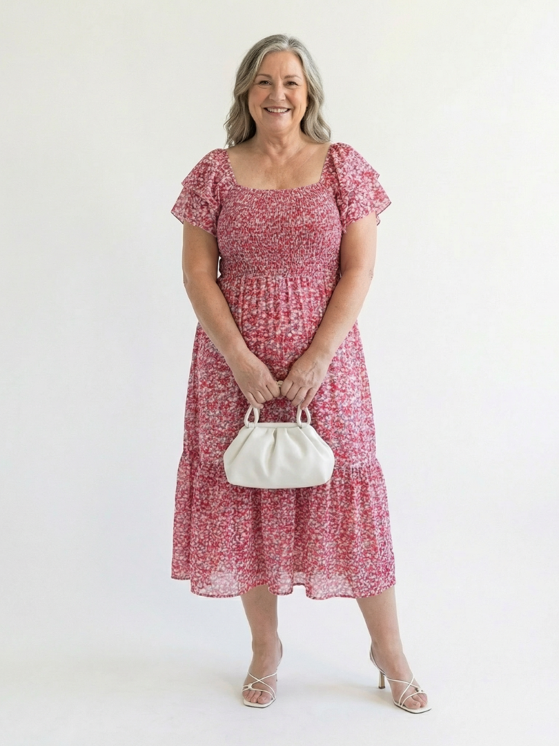 Odette | Rochie Midi cu Flori și Umeri Decupați