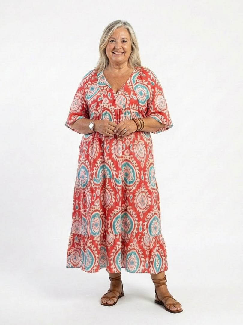 Zaria | Rochie Midi cu V-Gât și Mâneci Scurte cu Motif Paisley