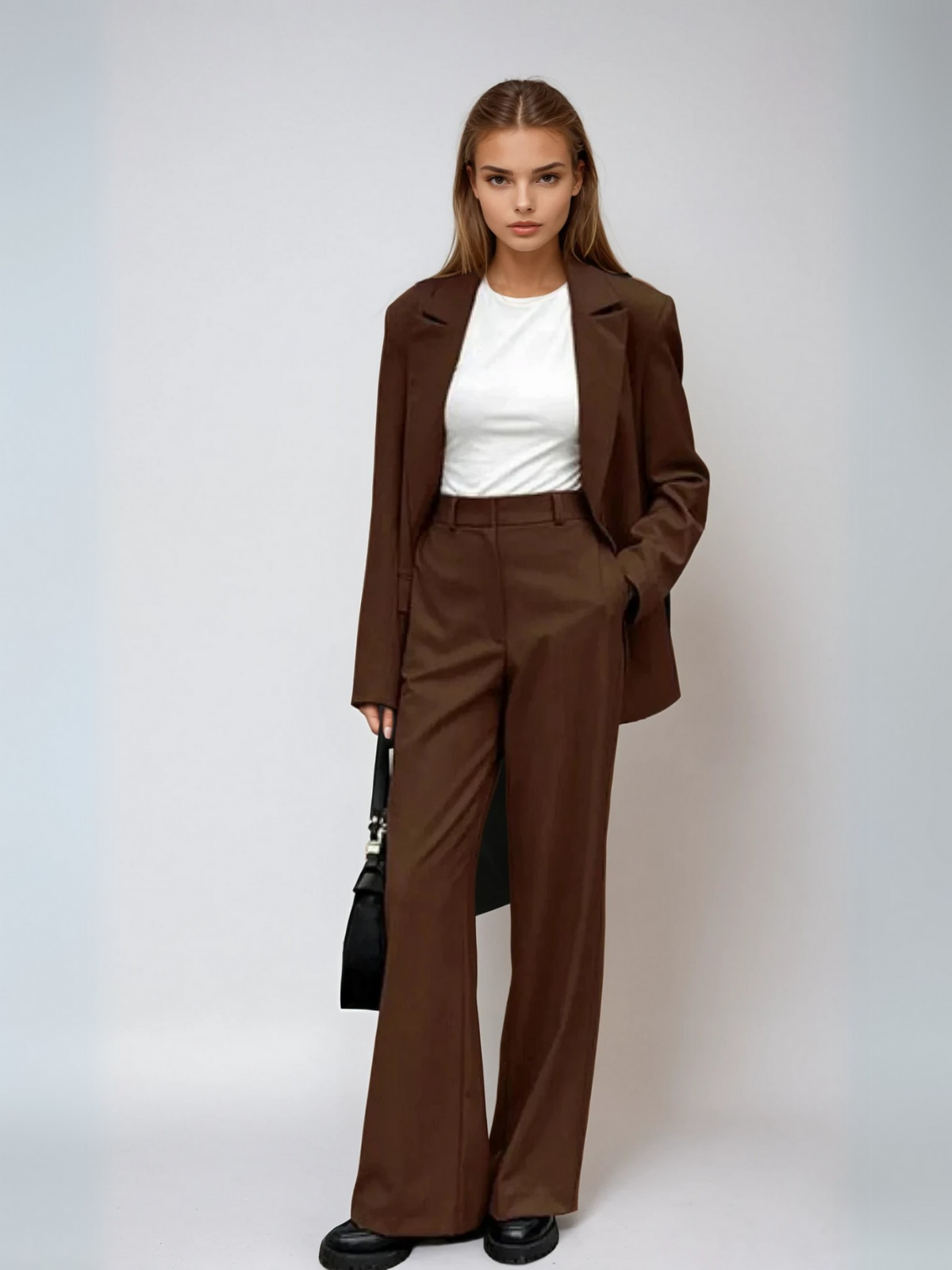 Compleu vintage mocha cu sacou și pantaloni cu picioare largi