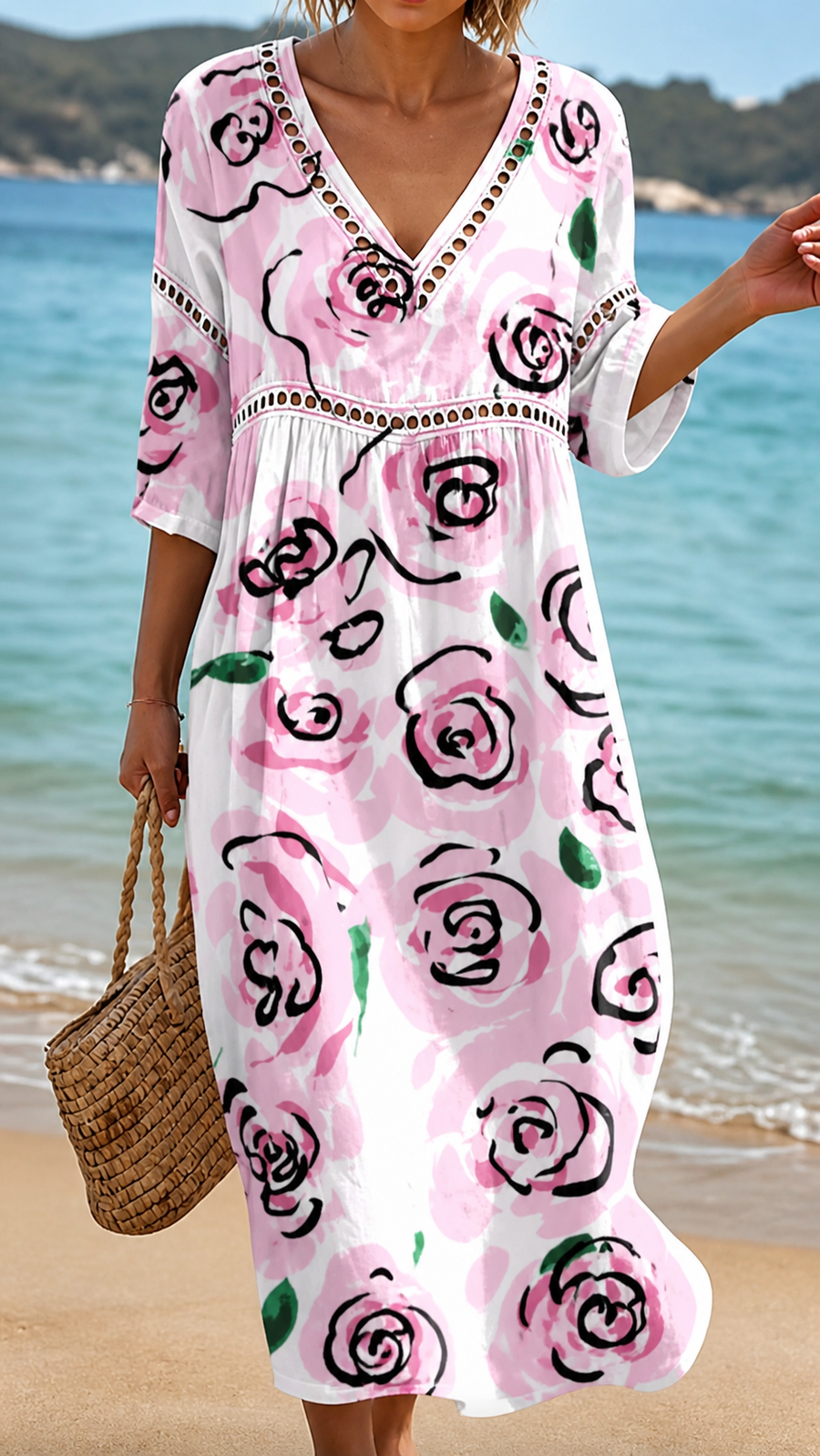 Rochie de Plajă cu Design Elegant de Trandafiri