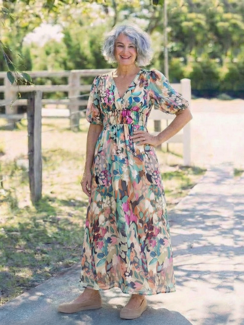 Eulalie | Rochie midi cu decolteu în V, mâneci scurte și talie accentuată