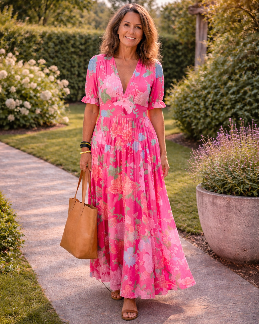 Ione | Rochie midi florală, fără mâneci, cu decolteu în V