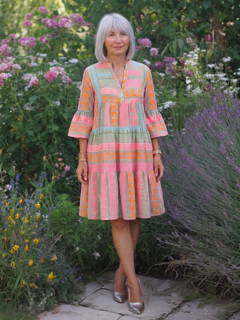 Maelle | Rochie cu imprimeu geometric, decolteu în V și fustă stratificată, lungime până la genunchi