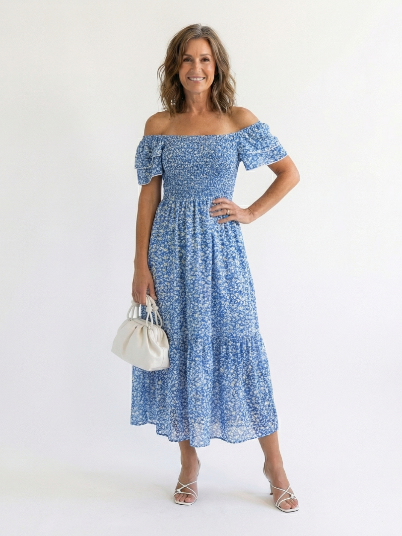 Odette | Rochie Midi cu Flori și Umeri Decupați