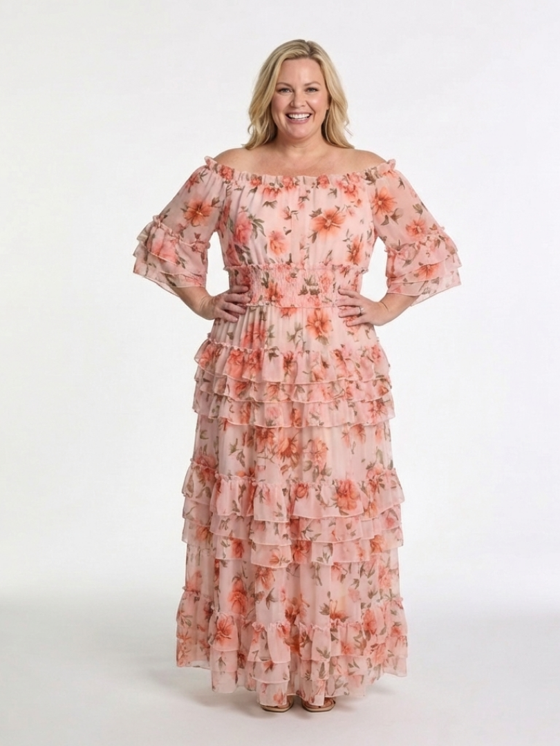 Rosalie | Rochie Maxi cu Flori și Detalii Volan la Umeri
