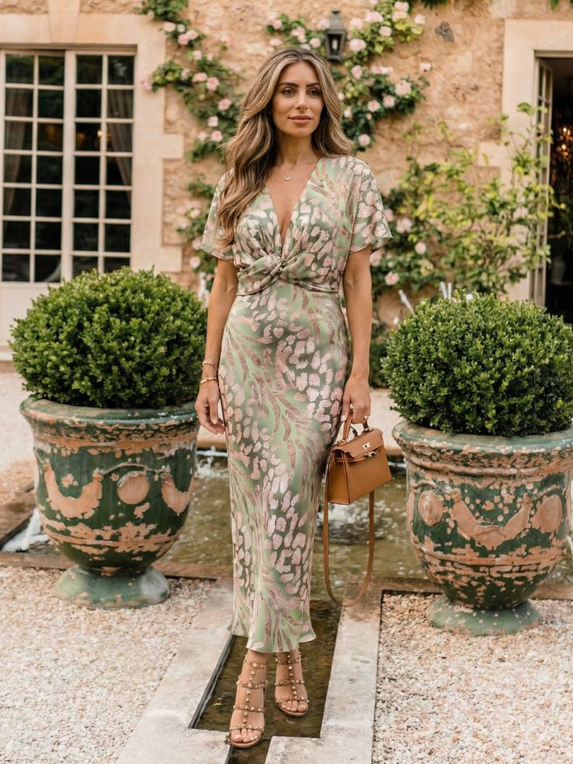 Coralie | Rochie Midi cu Decolteu în V și Talie Plisată cu Design Abstract