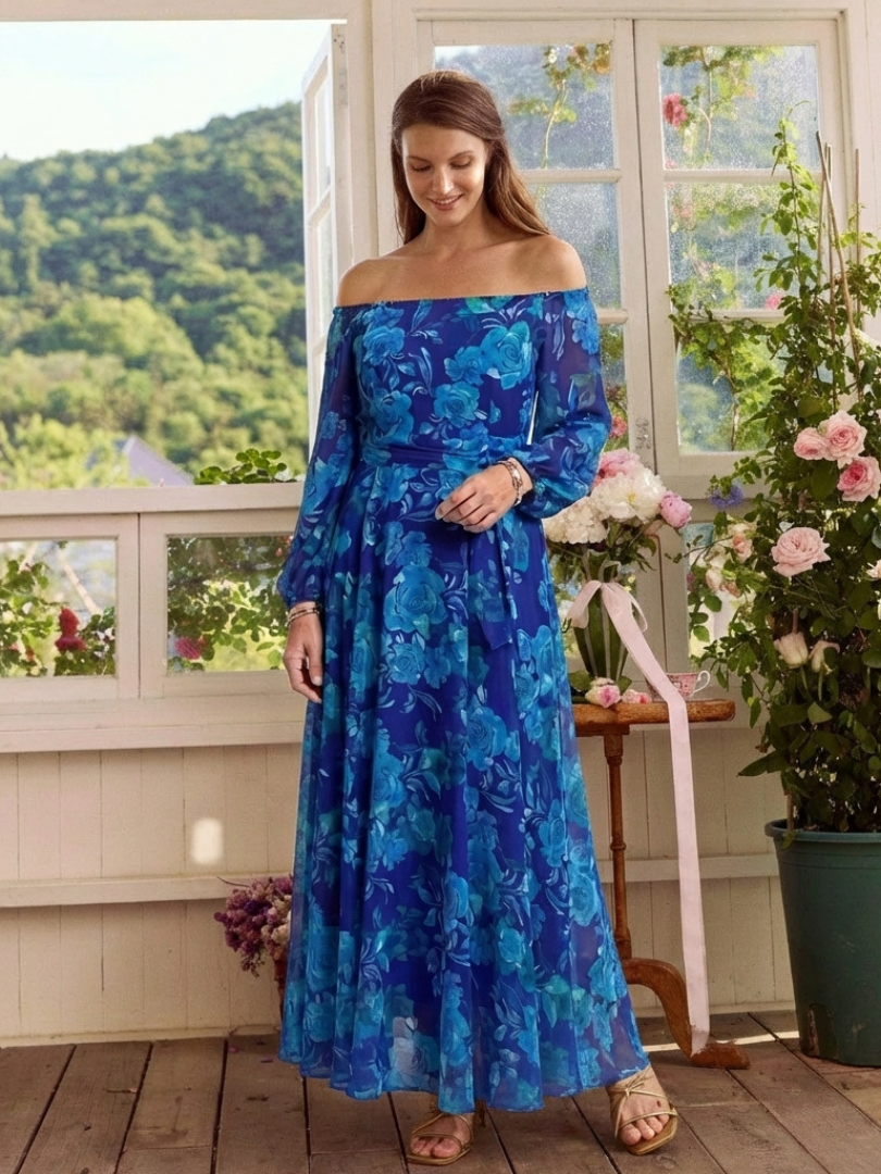 Aspen | Rochie Maxi cu Umeri Decupați și Motive Florale
