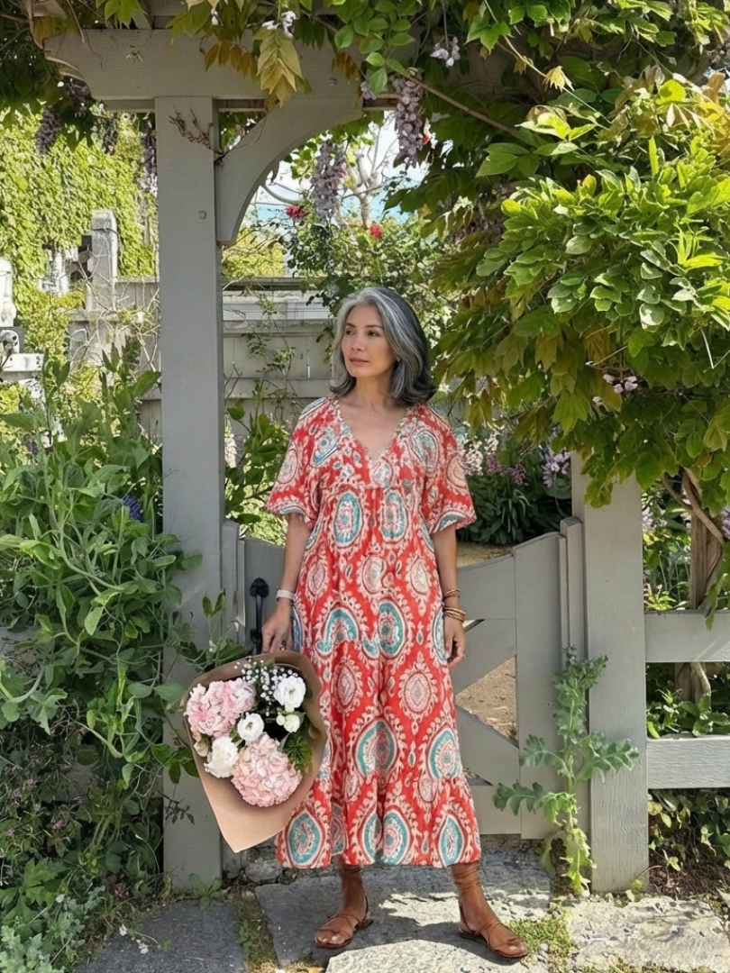 Zaria | Rochie Midi cu V-Gât și Mâneci Scurte cu Motif Paisley