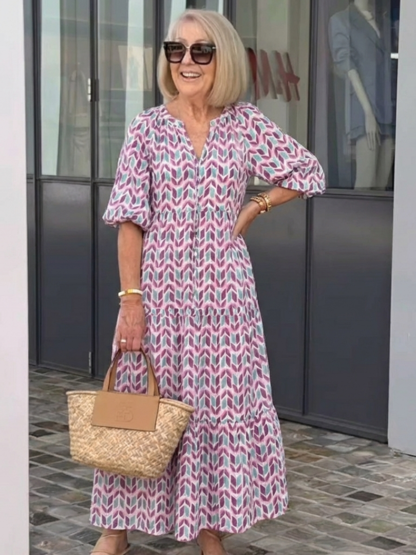 Mireya | Rochie Midi cu Maneci Lungi și Motive Geometrice