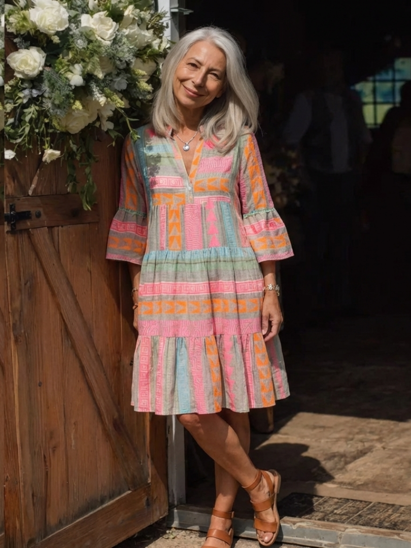 Maelle | Rochie cu imprimeu geometric, decolteu în V și fustă stratificată, lungime până la genunchi