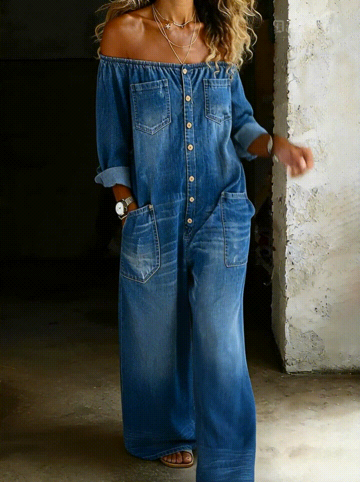 Elena™ | Salopetă din denim cu umeri expuși