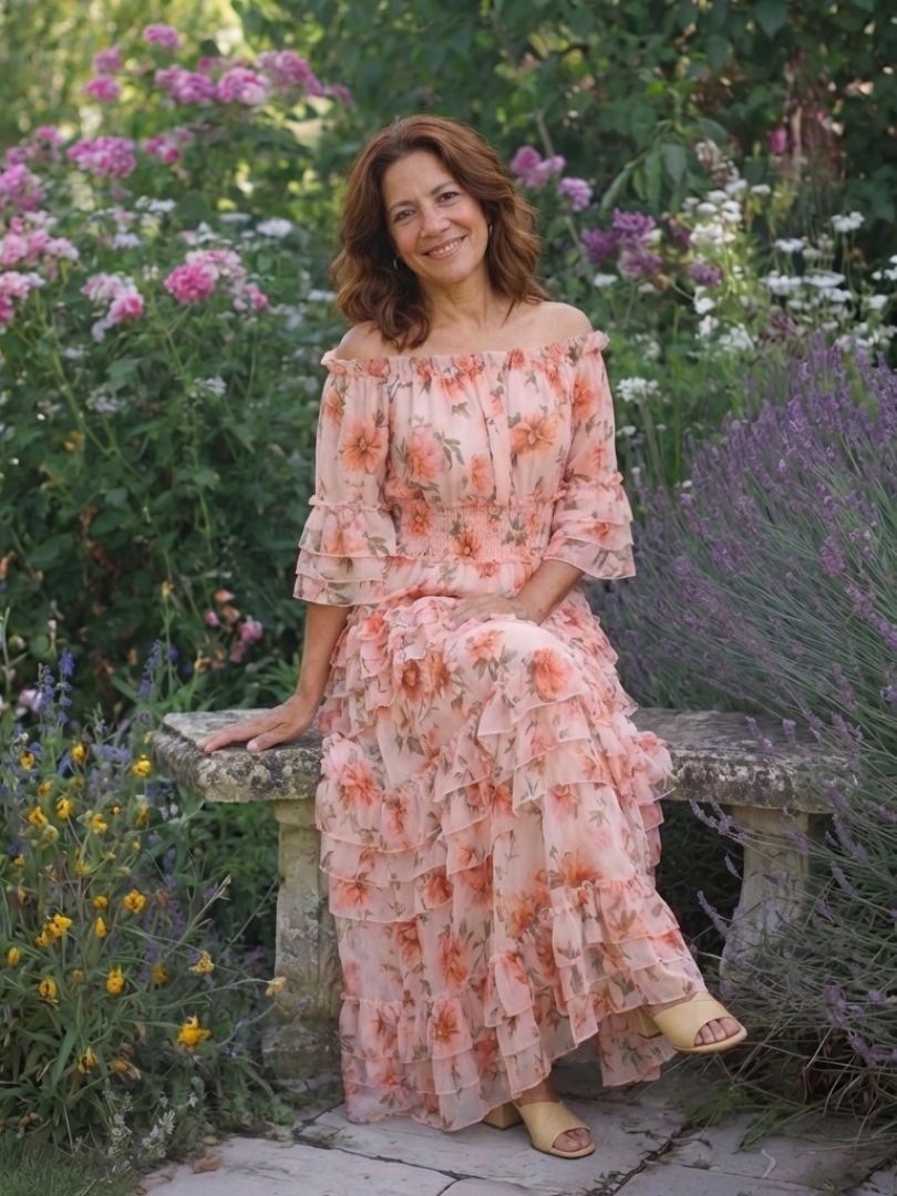 Rosalie | Rochie Maxi cu Flori și Detalii Volan la Umeri