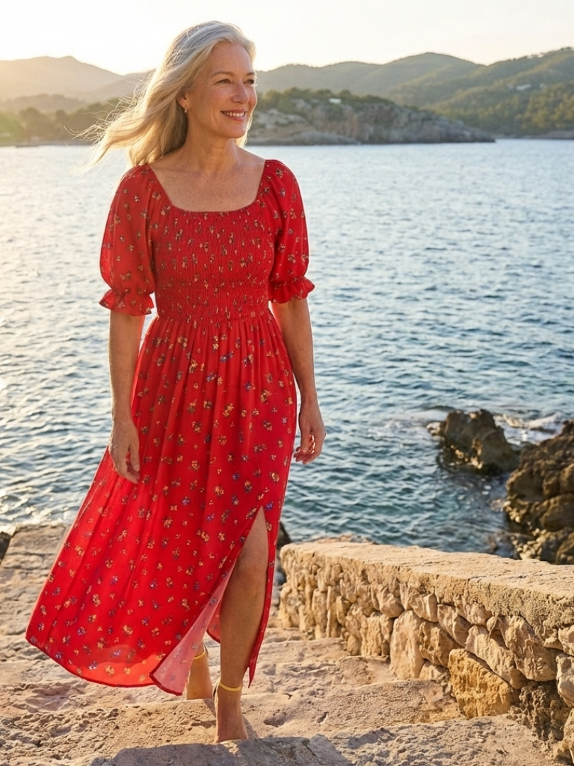 Delphine | Rochie midi cu decolteu pătrat și imprimeu floral
