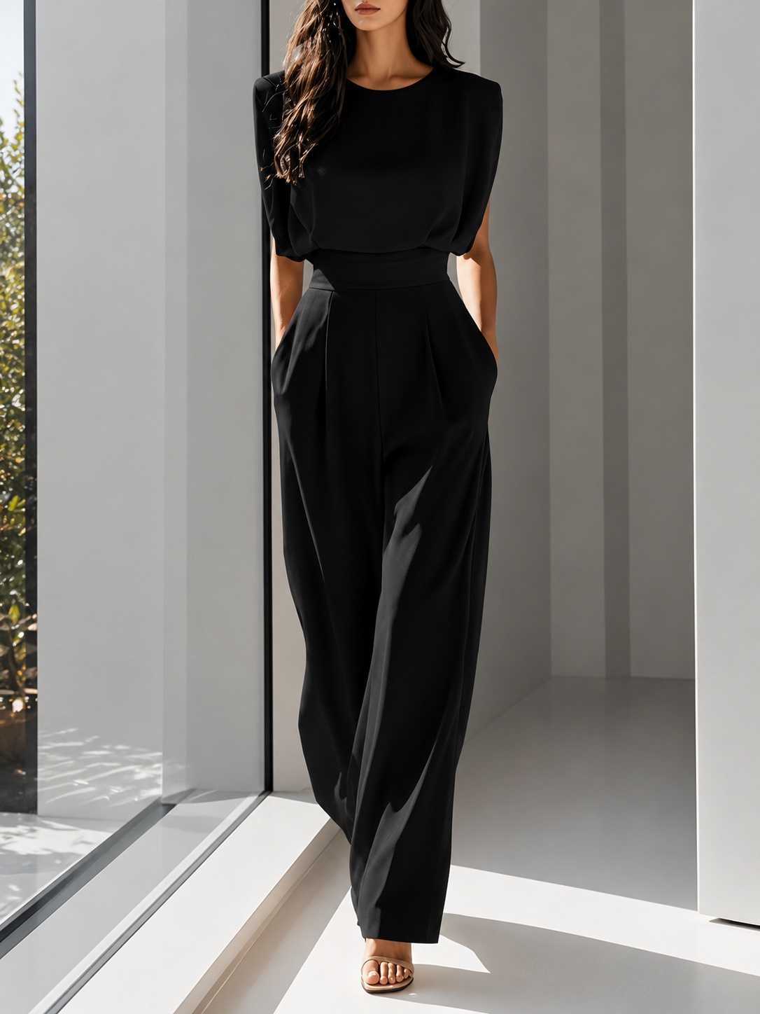 Salopetă elegantă cu talie definită și pantaloni drepți