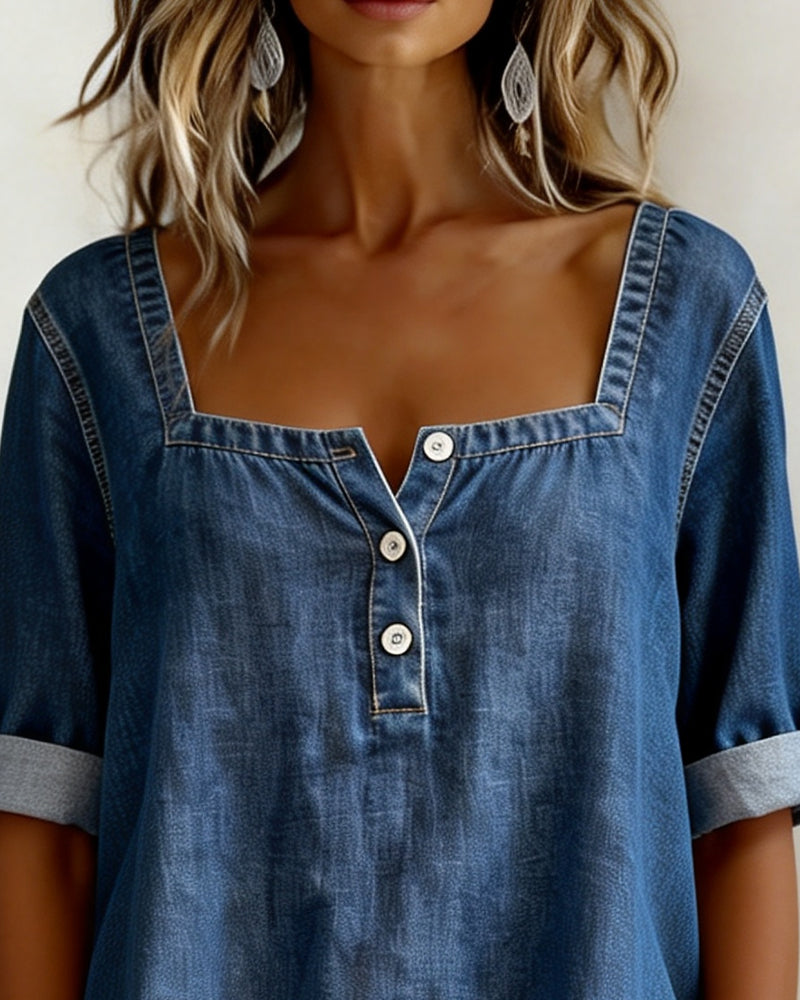 Avélia™ | Cămașă din denim cu guler pătrat elegant