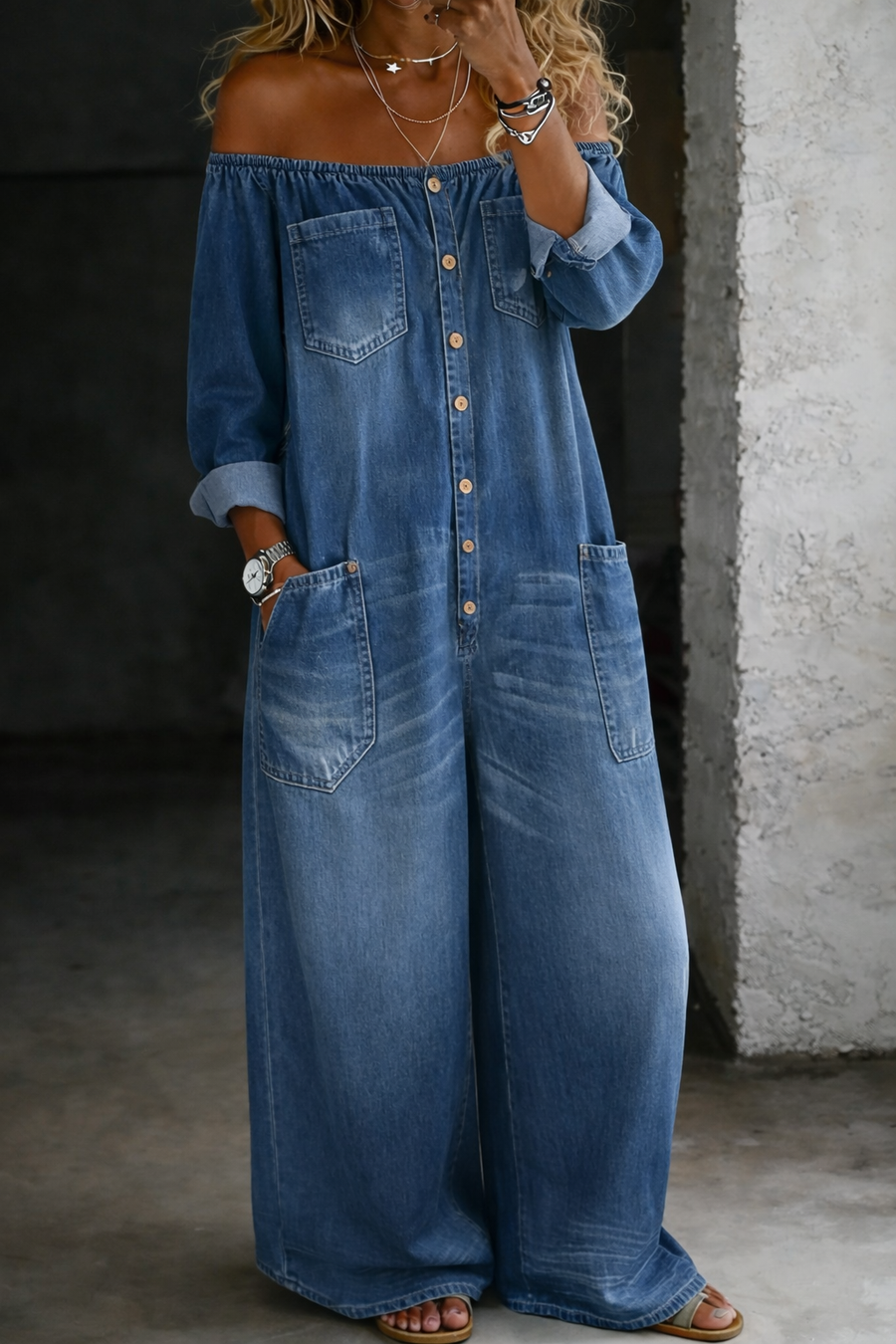 Elena™ | Salopetă din denim cu umeri expuși