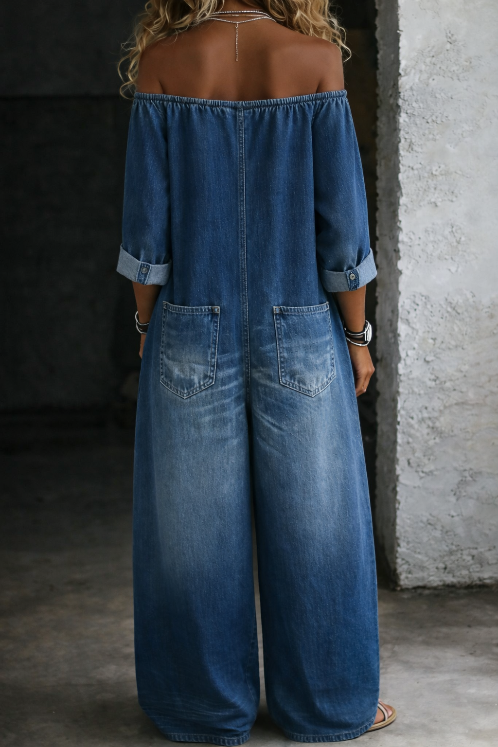 Elena™ | Salopetă din denim cu umeri expuși