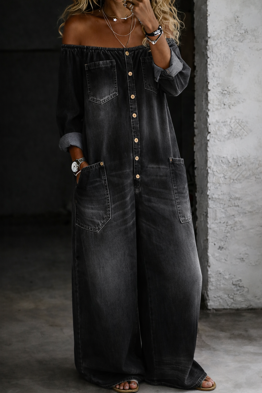 Elena™ | Salopetă din denim cu umeri expuși
