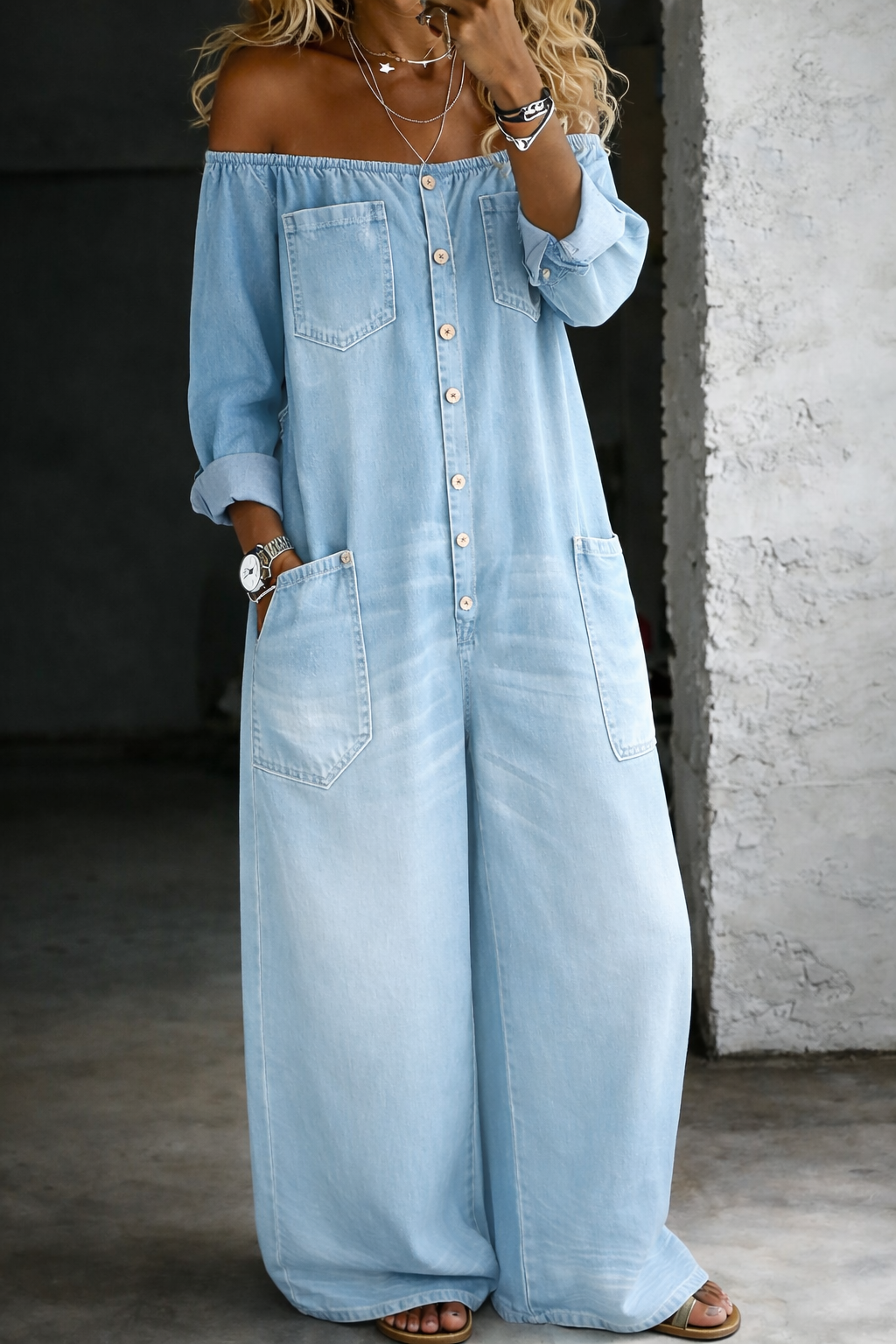 Elena™ | Salopetă din denim cu umeri expuși