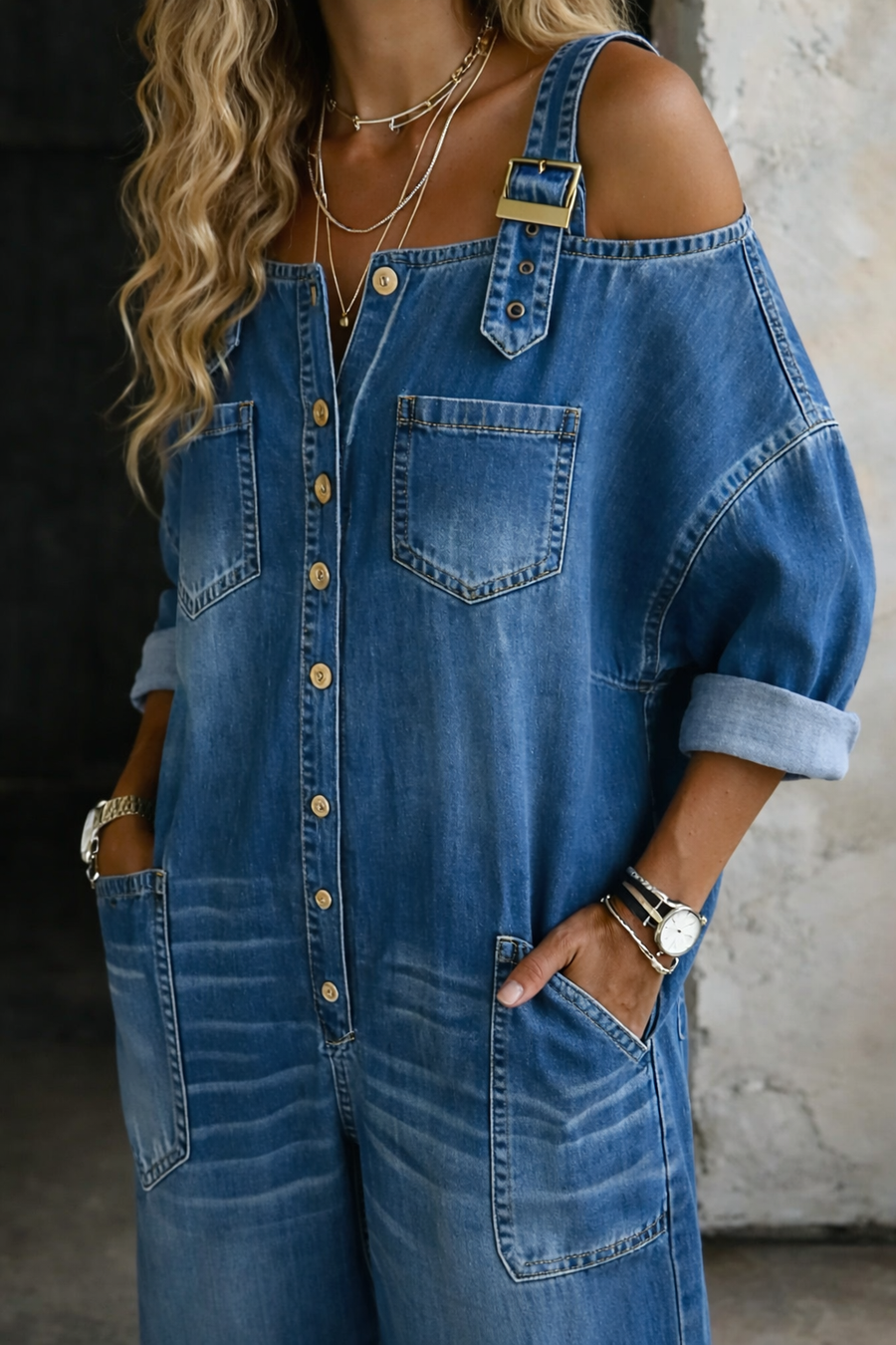 Sofia™ | Salopetă din denim cu umeri expuși