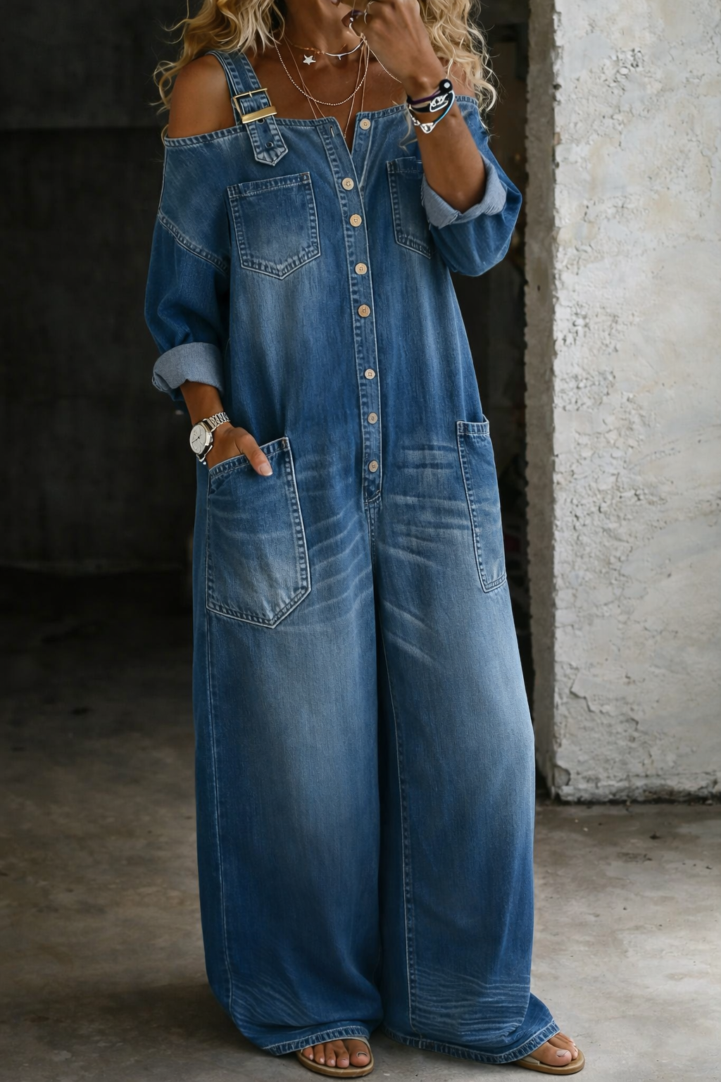 Sofia™ | Salopetă din denim cu umeri expuși