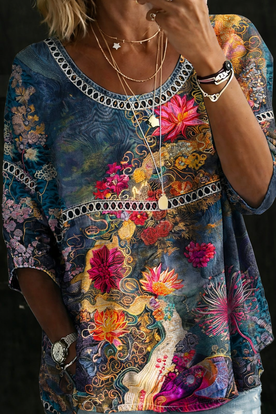 Nicole™ | Bluza din denim cu imprimeu floral vintage