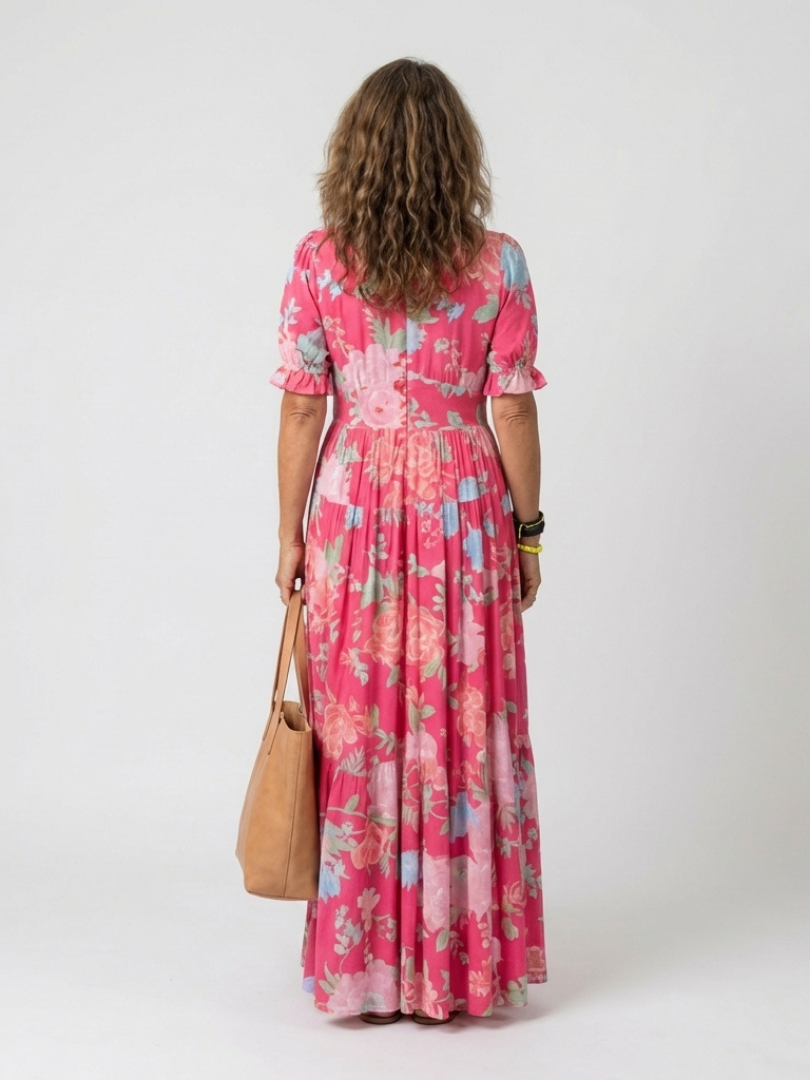 Ione | Rochie midi florală, fără mâneci, cu decolteu în V