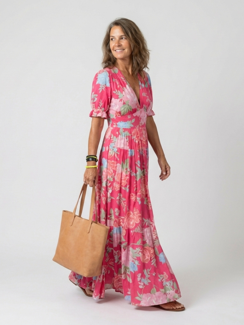 Ione | Rochie midi florală, fără mâneci, cu decolteu în V