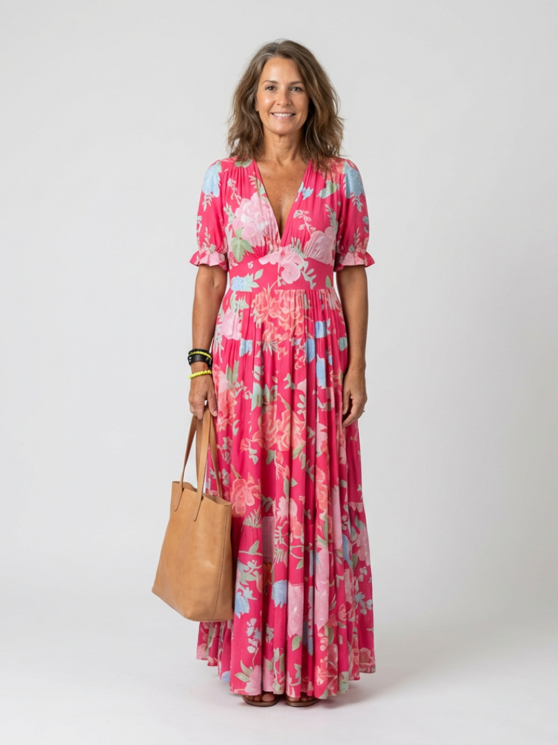 Ione | Rochie midi florală, fără mâneci, cu decolteu în V