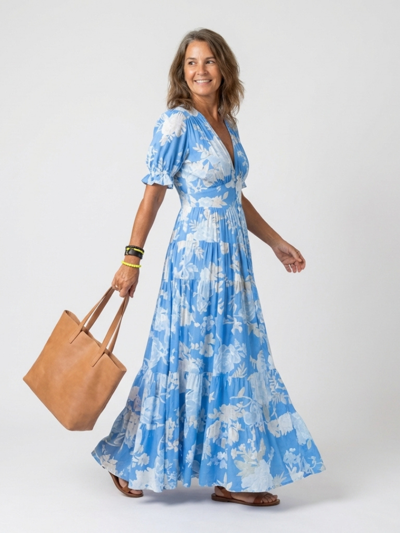 Ione | Rochie midi florală, fără mâneci, cu decolteu în V